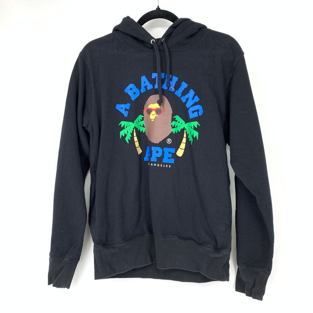 Bape A Bathing Ape Men's Sz Medium Palm Tree Hoodie Sweatshirt Long Sleeve Black
